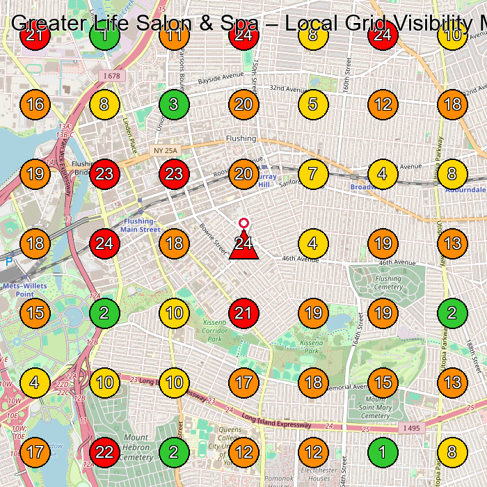 Greater Life Salon & Spa Beauty Salon GeoGrid ranking map for Queens NY